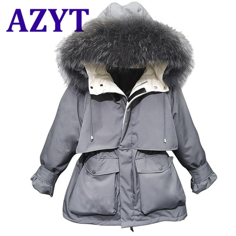 

AZYT 2021 Winter Big Fur Collar Women' Parka Coat Fashion Hooded Thicken Cotton Coat For Women Drawstring Chic Winter Jacket, Beige