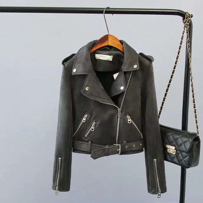 

Women Suede Clothes Turndown Fly Black Leather Jacket Short Jackets Hkxt, Light blue