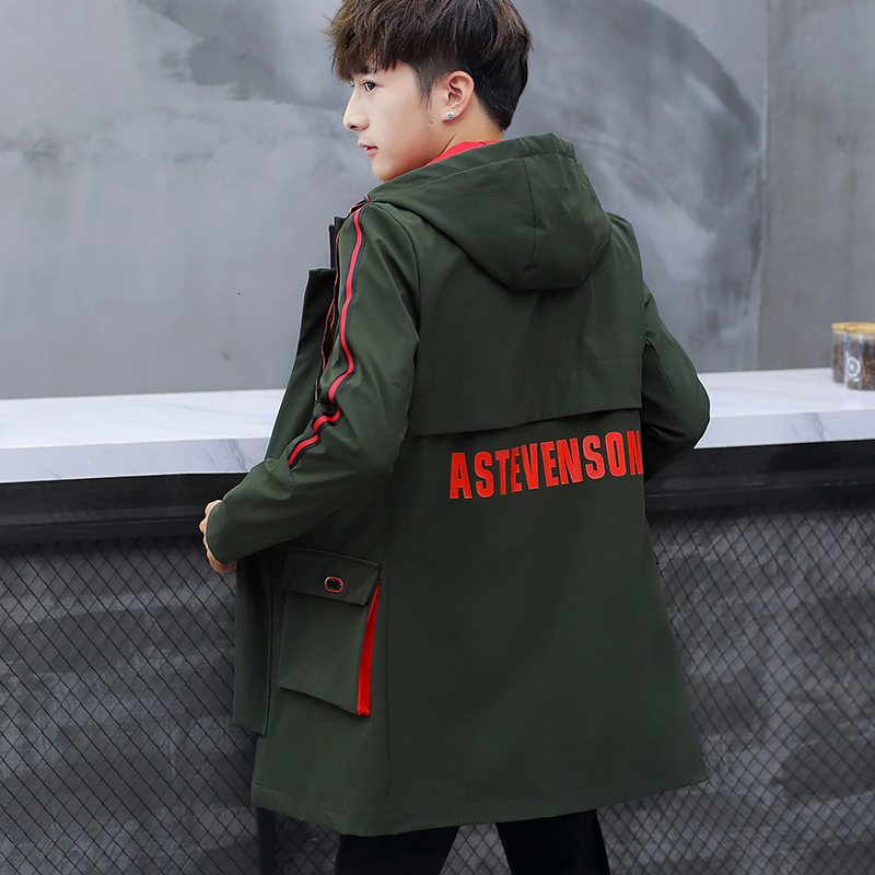 

2021 Spring Autumn with Hoodie Male Mid-length Street Coat Men's Jacket A8uw, Black