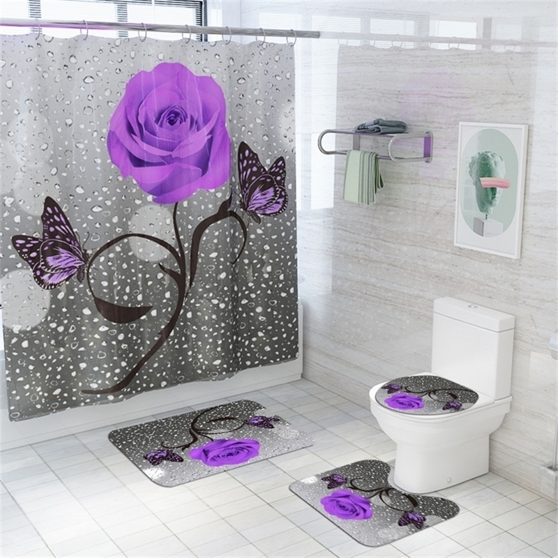 

Floral Bath Mat and Shower Curtain Set Shower Curtain with Hooks Bath Rugs Anti Skid Bathroom Carpet Toilet Foot Pad Bath Mat 201210