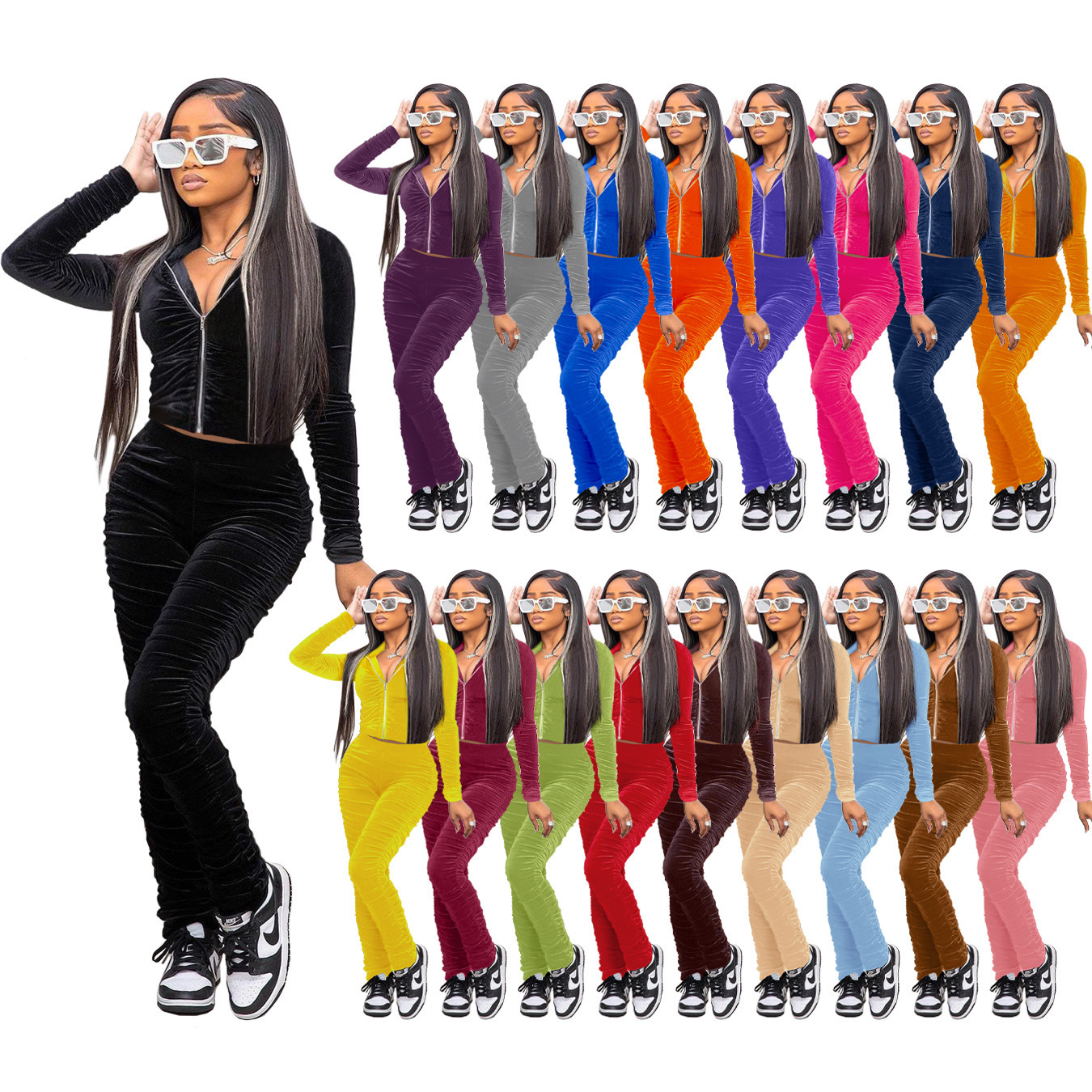 

Women Velvet Tracksuits Sport Solid 2 Two Piece Outfits Pink Velour Sweatsuits Zipper Pocket Long Sleeve Jacket + Stacked Sweat Pants, Extra fee not goods