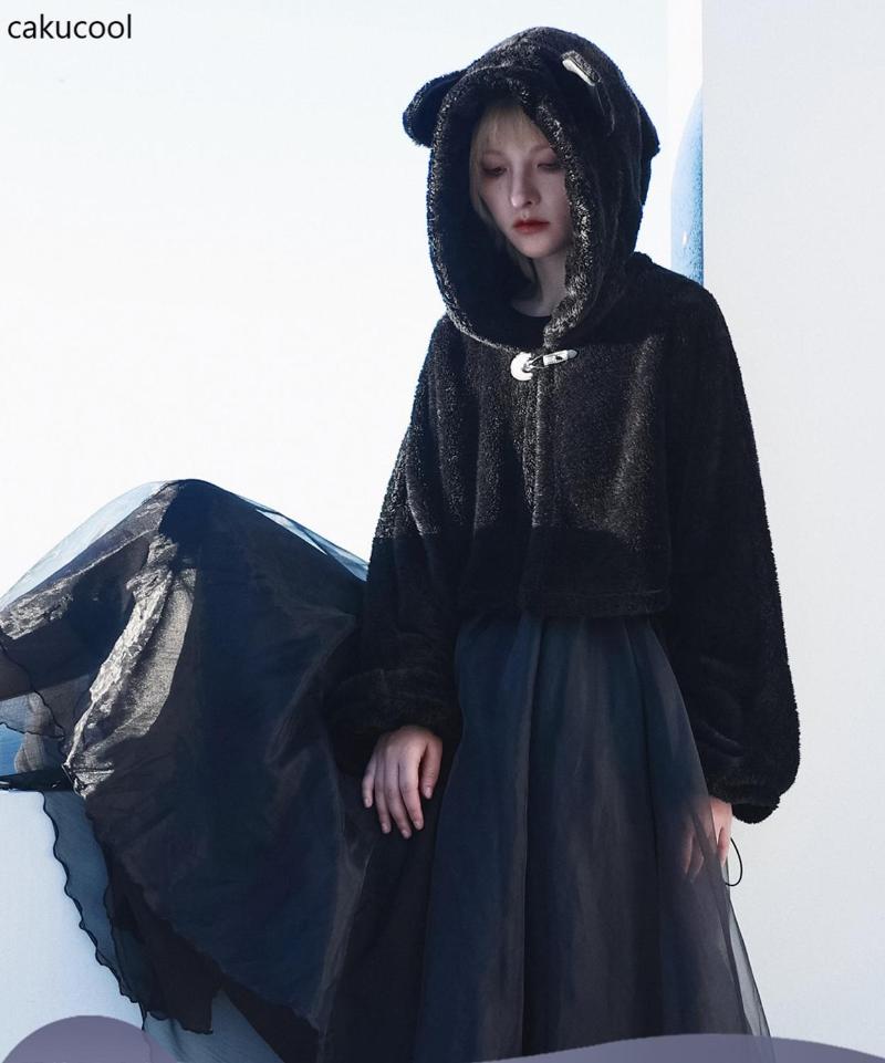 

Cakucool cat ear wizard hat trumpet sleeve high waist short coat velvet jacket loose coat ladies black