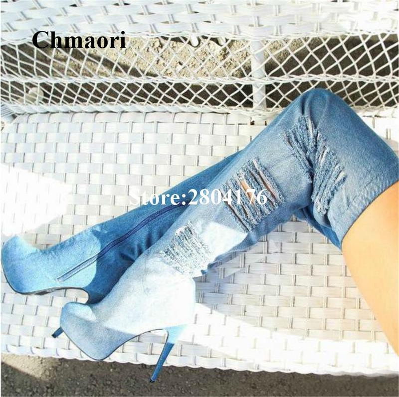 

Chmaori 2020 Over The Knee Long Boots Thin Heel Thigh High Feminina Botas Solid Denim Pointed Round Zip Super High Heel Boots1, Blue
