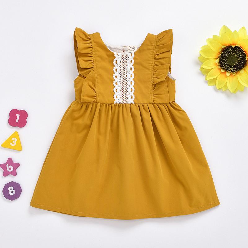 

Ruffled Sleeve Dress Toddler Kids Solid Vintage Princess Summer Dresses Clothes Baby Girl Saida De Maternidade Recem Nascido, Yellow