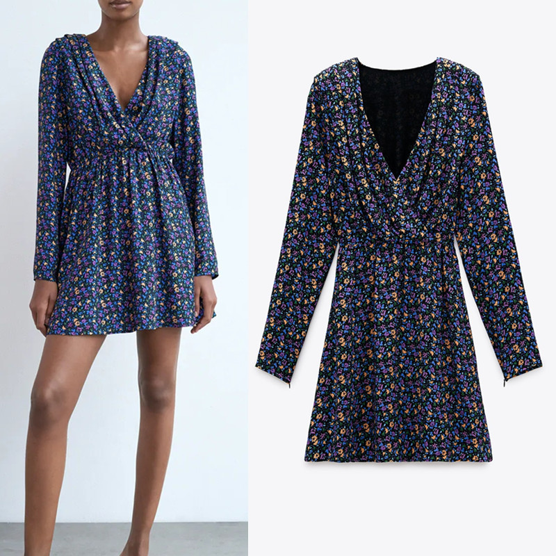 

2021 New Women V-neck Floral Print Short Dress Vintage Long Sleeve Elastic Waist Zips Cuffs Draped Ladies Mini Dresses Yzdr