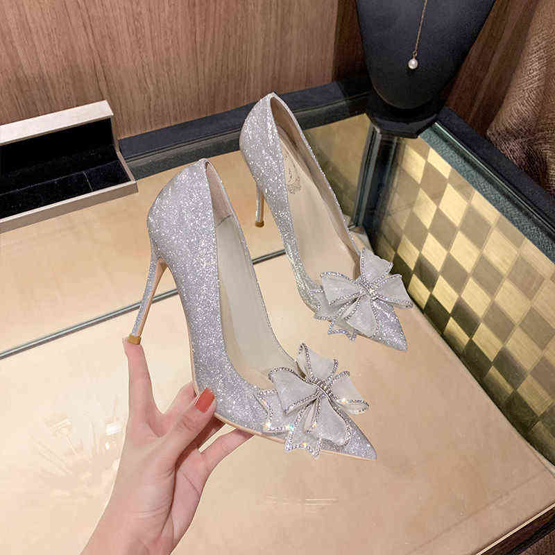 

2021 Newest Cinderella Shoes Rhinestone High Heels Women Pumps Pointed toe Woman Crystal Party Wedding Shoes zapatillas mujer H0106, Black