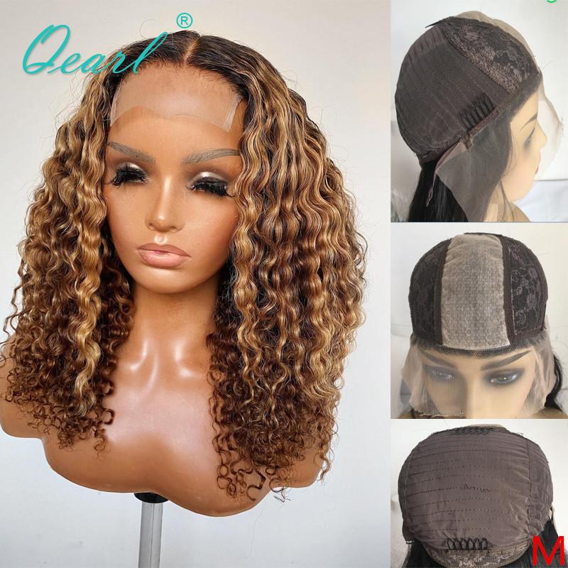 

Curly Human Hair Wigs Highlights Brown Blonde Silk top Wig 2x6 Malaysian Remy Hair Glueless for Women 150% 180% Qearl, Ombre