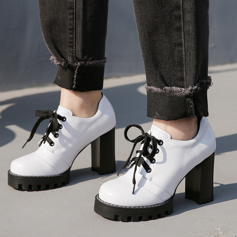 

2020 Women's High-heeled Rounded Toe Lace Up to Genuine Leather Pumps Blocks Thick Heels Ladies Fashionable Casual Shoes Eubt, Black