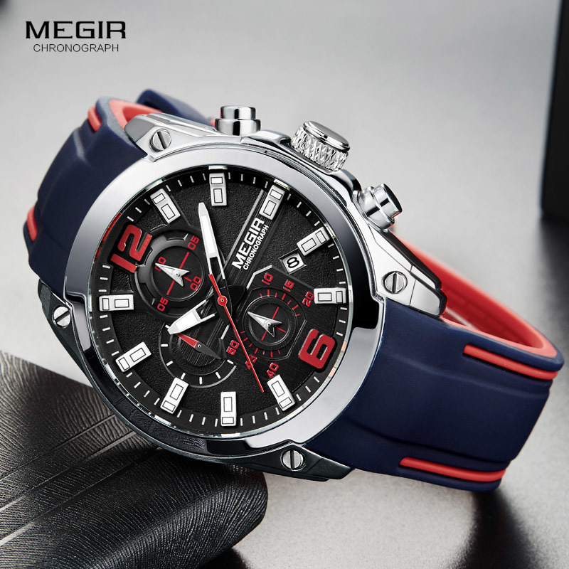 

Megir Men's Chronograph Analog Quartz Watch with Date, Luminous Hands, Waterproof Silicone Rubber Strap Wristswatch for ManQ0108, Mn2063g-silver black