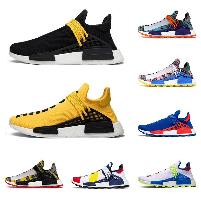 

2021 Tennis Shoes NMD Human Race Hu Pharrell Williams Mens Women Running Shoes NERD Black Blank Canvas Homecoming Solar Pack sports sneakers, White;red