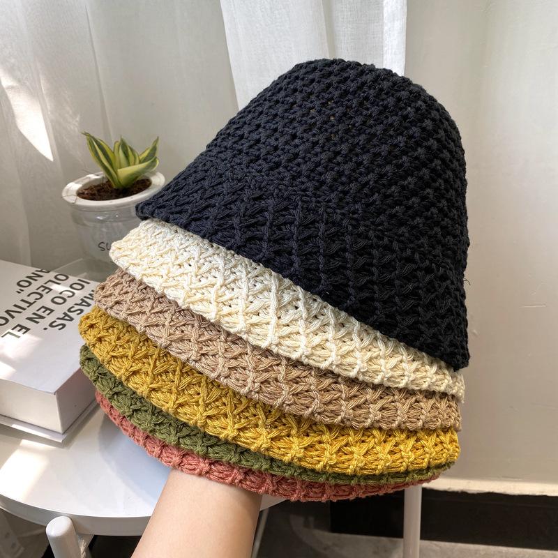 

Leisure Bucket Cap Japanese Style Fashion Design Hollow Out Knitted Handmade Female Solid Color All-Match Simple Accessories Hat, Orange