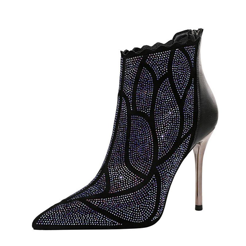 

Women Ankle Length Flock Boots Fashion Pointed Toe Thin Heels Shoes Winter Ankle Boots Rhinestone Design Ladies Shoes, As pic