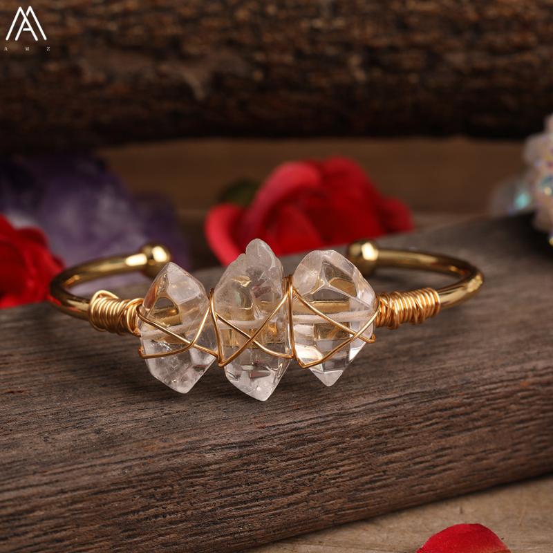 

Rose Gold Silvery Copper Wire Wrapped Smooth Clear White Quartz Point Beads Open Bracelet For Femme Women Jewelry
