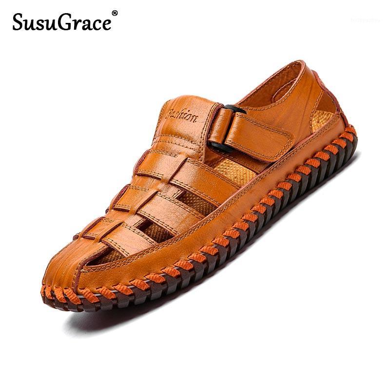 

susugrace handmade summer men leather casual sandals black flat hook & loop outdoor shoes light fashion trend zapatos de hombre1