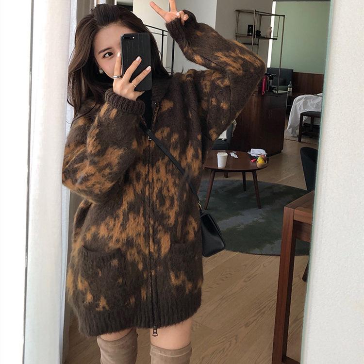 

Women Sweater 2020 Autumn and Winter New Leopard Print Mohair Zipper Cardigan Loose Long Sleeve Sweater Coat Women, Mixed