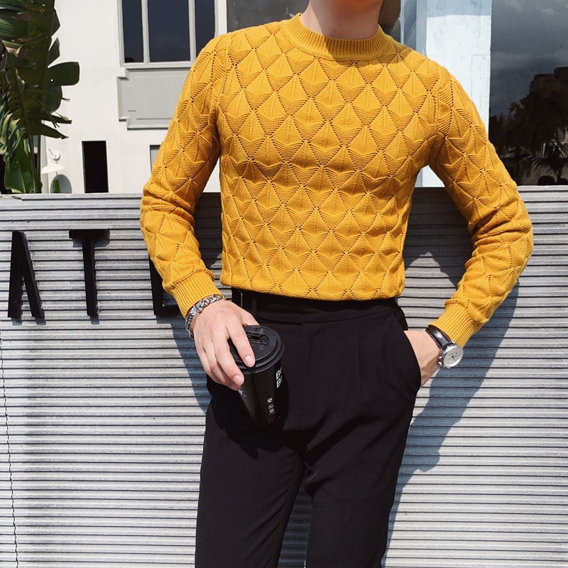 

Male Autumn 2021 New Winter Fine Knitted Hollow-out Sweater Around Neck Custom Youth Men's Clothing WZ09, Yellow.