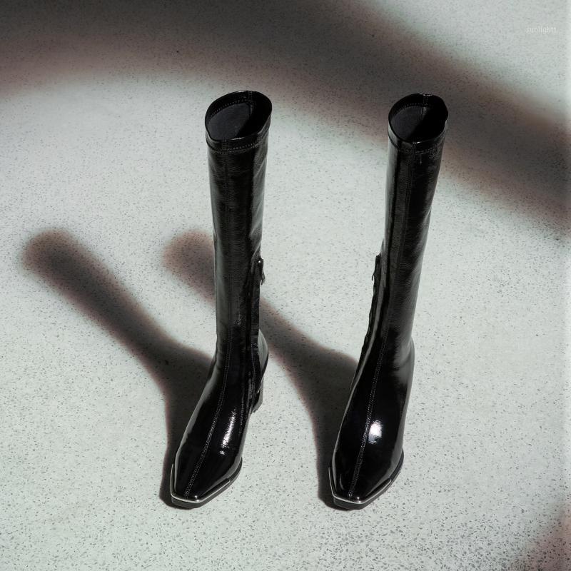 

May niamh Handmade Boots Square Toe Heels Knee High Long Stretch Boots Metal Decoration Black Leather Slip On Shoes Woman A0531, Black short