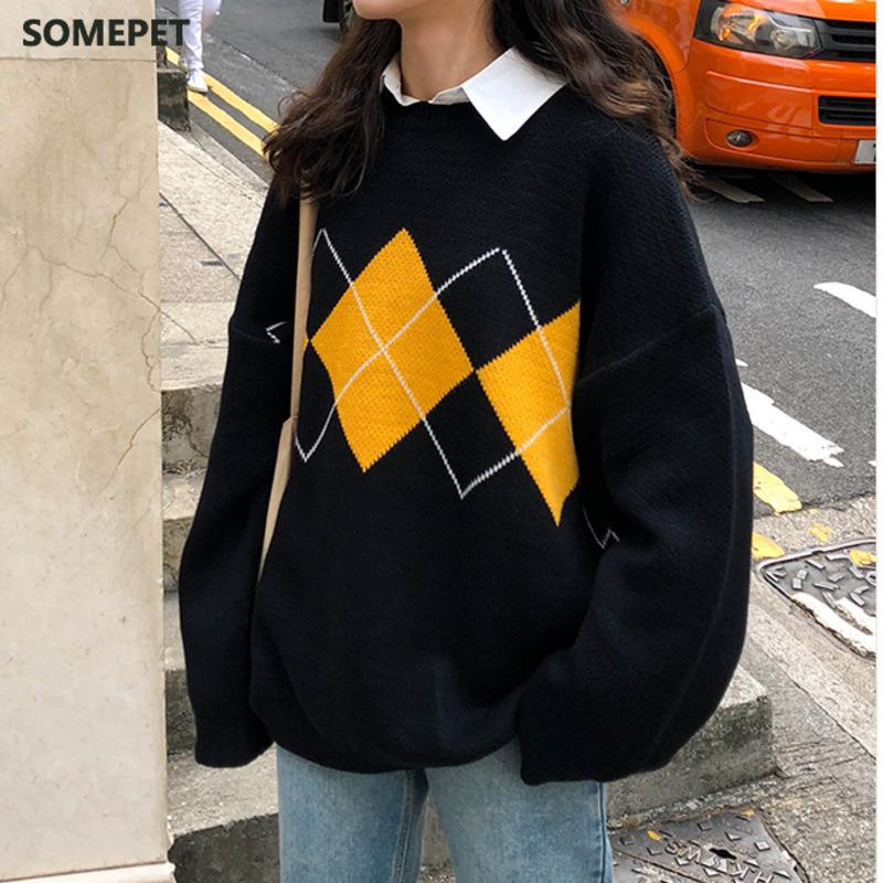

Women' Sweater Winter Geometric Pattern Fashion Basic Casual Regular Tops Female Long Sleeve Korean Oversize Jumpers Pullovers, Blue vest