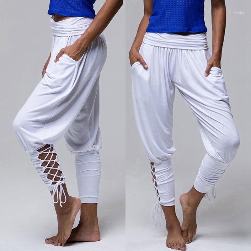 

SFIT 2020 Yoga Pilates Pants Women Soft Solid Lace Up Jogger Harem Pants Gym Fitness Loose Bandage High Waist Pocketed Pant1, Black