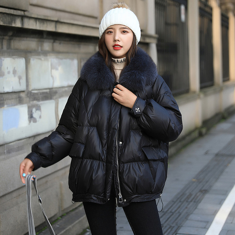 

2021 New Winter Short Basic Jacket Oversized with Casual Fur Collar Parkas Woman Loose Plus Solid Size Female Thick Coat Cold Jf14, Black