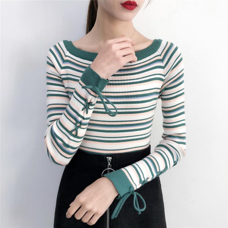 

Shintimes 2020 Winter New Arrival Women Casual Lace Up Pullovers Sweaters Knitted Sweater Autumn Slim Striped O Neck Sweaters, Black sweater