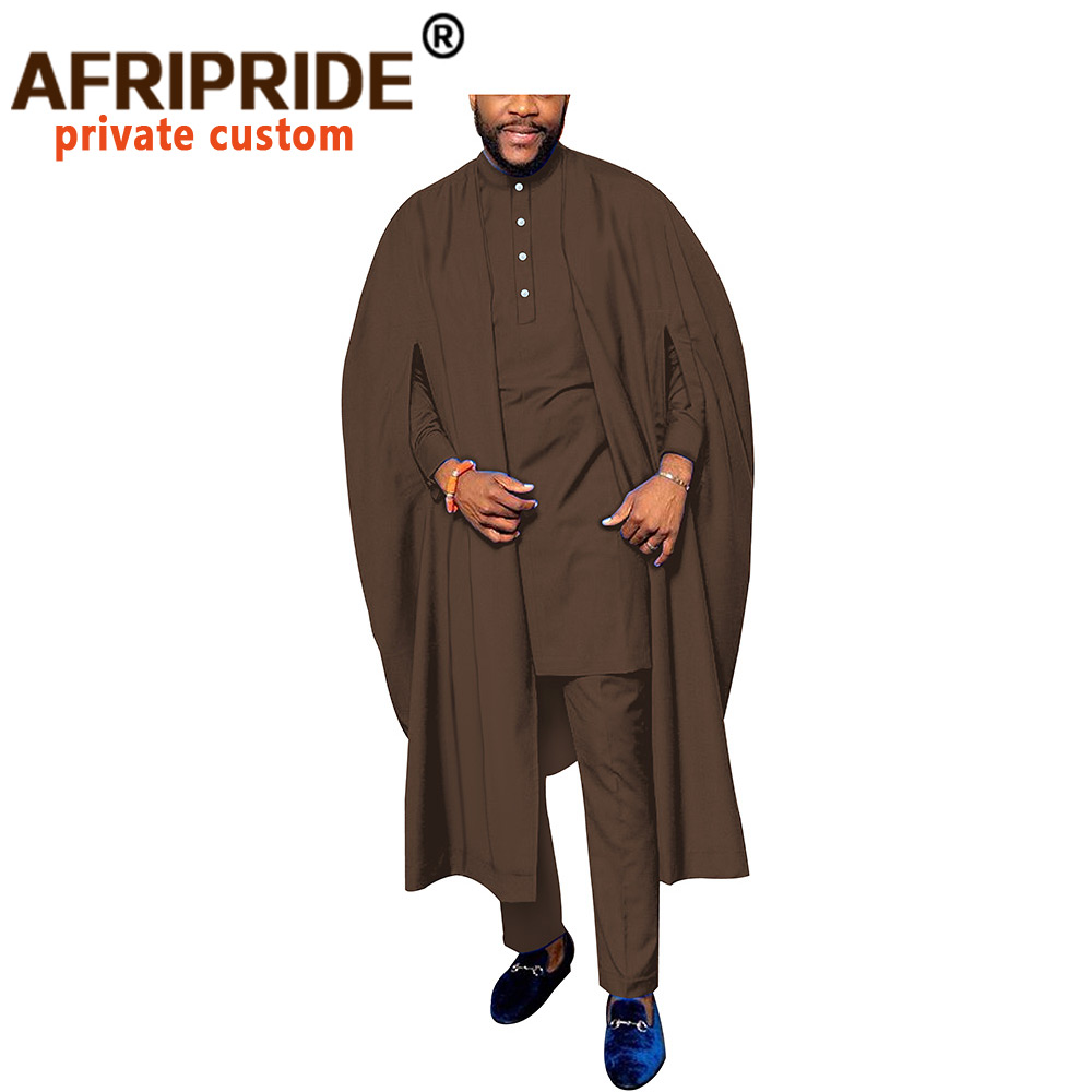 

2021 African Men Traditional Clothing 3 Piece Set Dashiki Shirt+Ankara Pants+Agbada Robe Heritage Outfits AFRIPRIDE S1916031, White;black