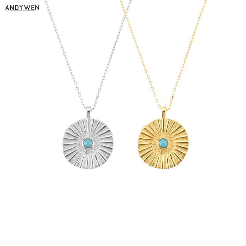 

ANDYWEN New 925 Sterling Silver Gold Turquoise Gems Coins Pendant Long Chain Necklace 2020 Fashion Women Jewelry Gift Party Rock