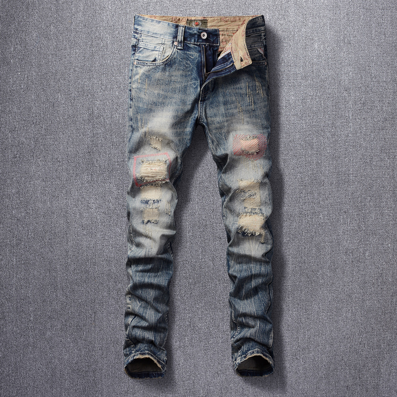 

2021 New Italian Style Fashion Men Jeans High Quality Retro Destroyed Ripped Denim Trousers Vintage Designer Patchwork Hip Hop Long Pants S9, Retro yellow