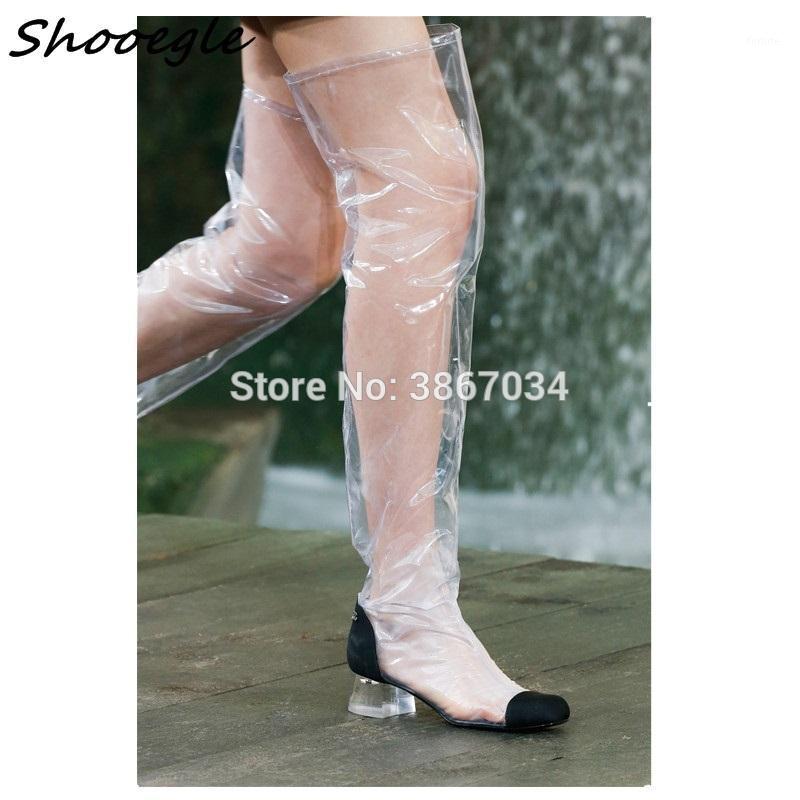 

SHOOEGLE 2020 Spring New Brand Designer Boots For Women Rain Boots Clear Crytal Heel Over The Knee Round Toes Sandal Botas1, Ankle boots