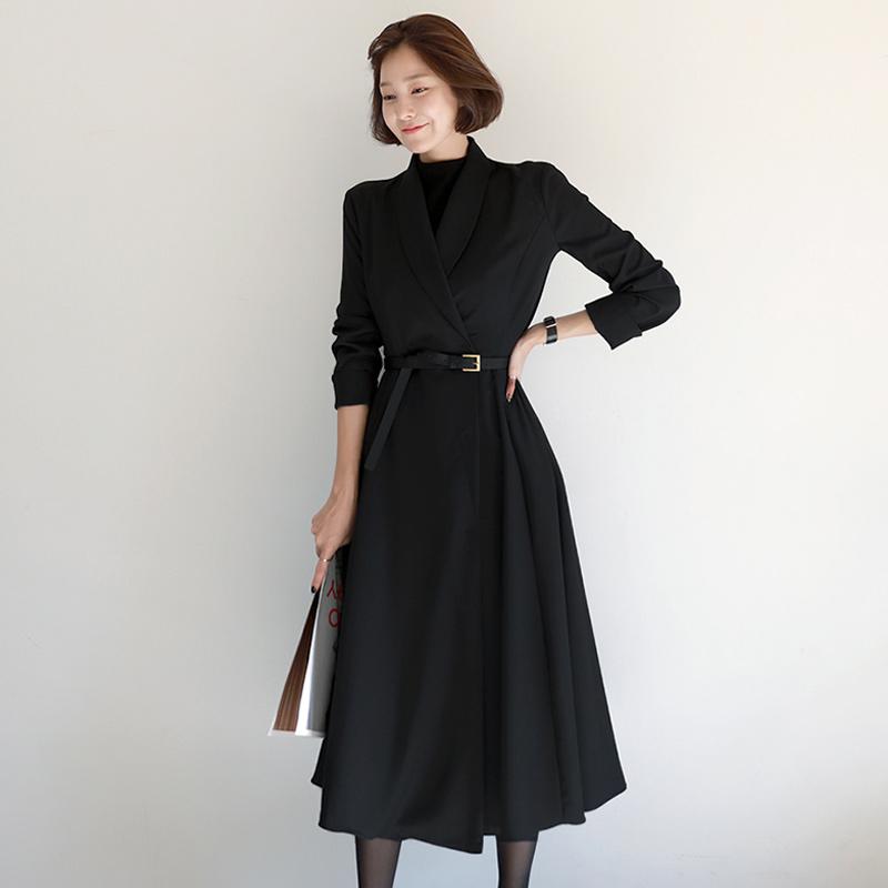 

Office Lady Autumn Winter Dress Female High Waist Slim Black Professional A-line Big Swing Long Sleeve Woman Vestido De Mujer