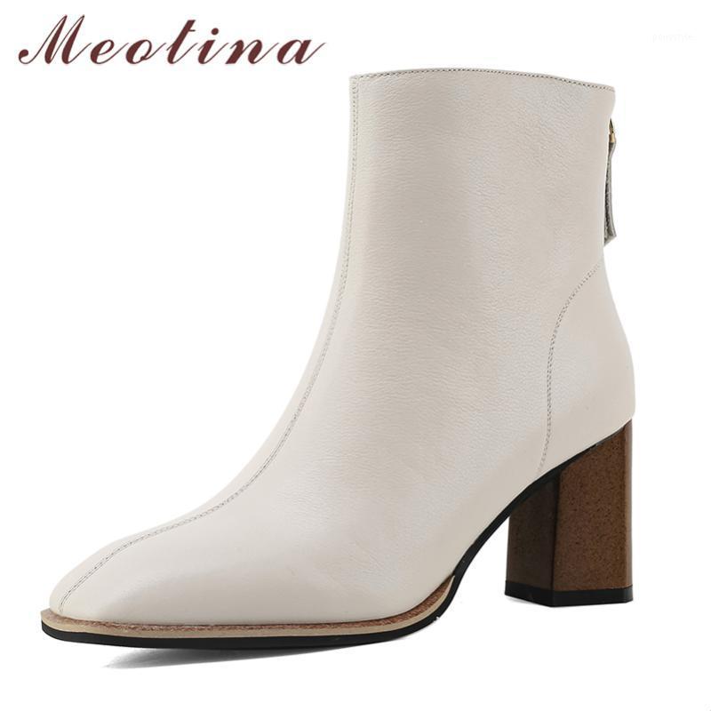 

Meotina Genuine Leather High Heel Ankle Boots Women Shoes Square Toe Chunky Heels Zipper Short Boots Ladies Autumn Beige Black1