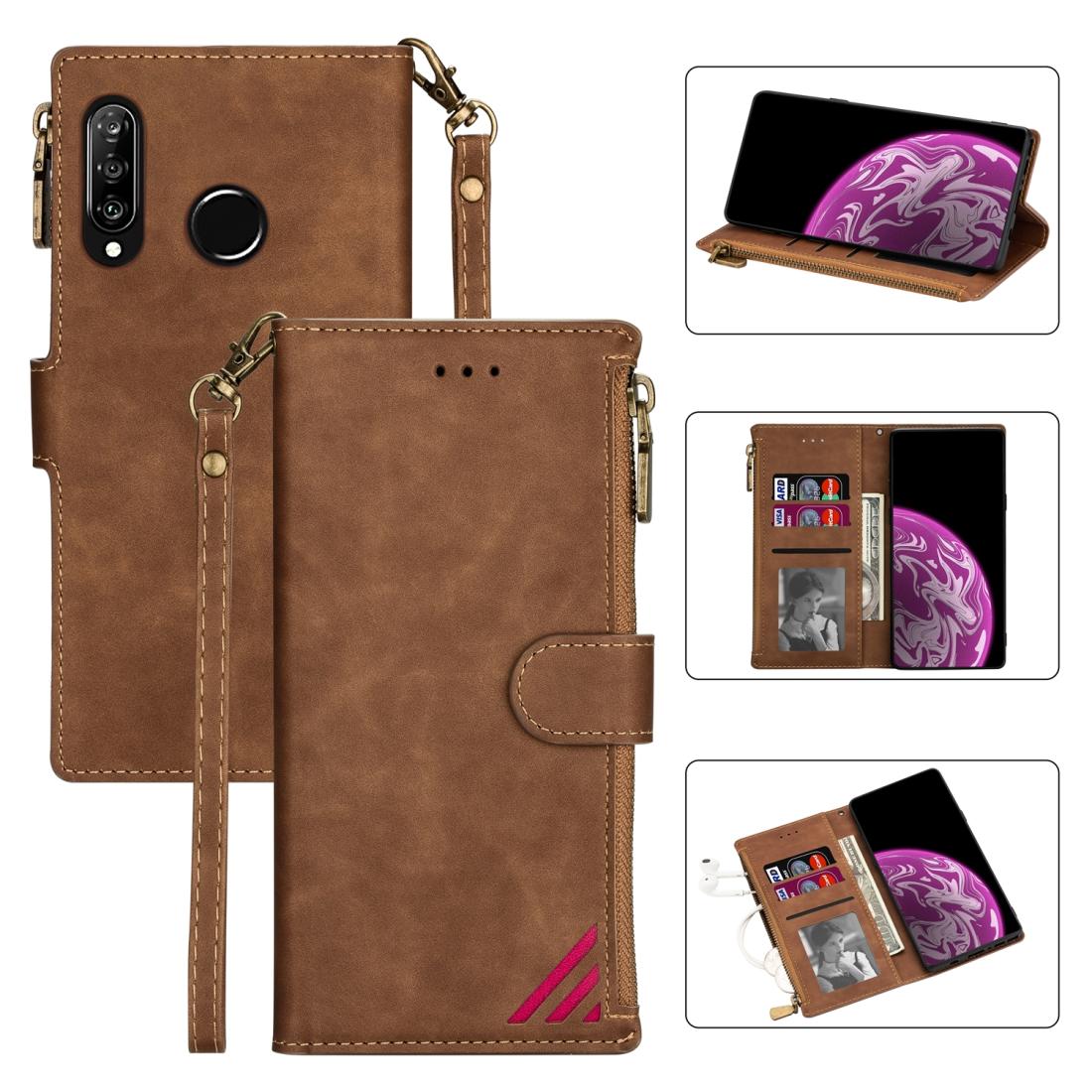 

For Huawei P30 Lite Zipper Multi-card Slots Horizontal Flip PU Leather Case with Holder Card Slots Wallet Lanyard Photo Frame