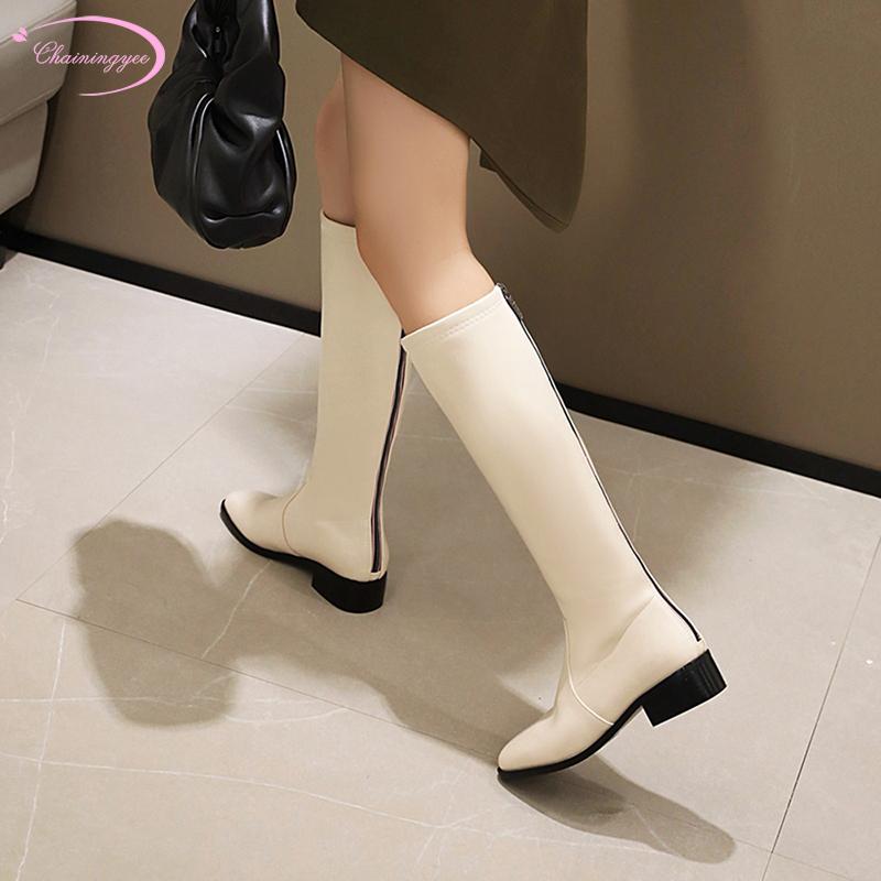 

Party style comfortable round toe knee high boots fashion fringe zipper beige black medium with chunky riding boots women's shoe