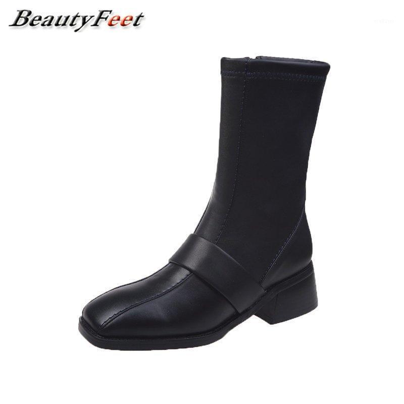 

Solid Black Leather Ankle Boots for Women Shoes New Autumn Winter Boots Shoes Woman Belt Buckle Square Heels Toe Platform1, Synthetic-inside