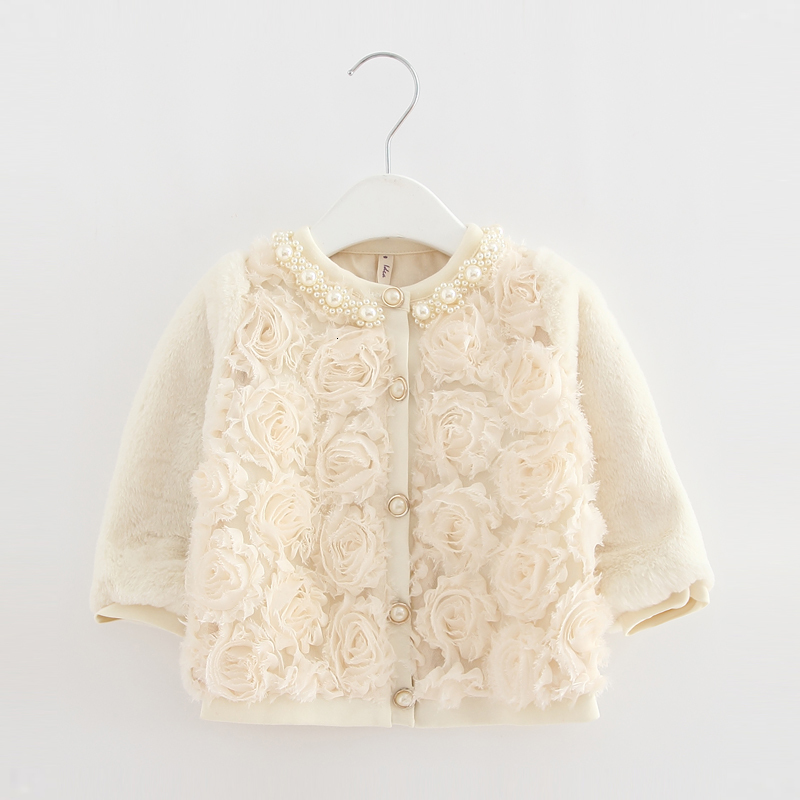 

2021 New Baby Toddler Faux Fur Coat Girls Winter Warm Jacket Snowsuit Children Outerwear Full of Flowers Pearls Collar Kids Clothes 0-2y Vjn, Ivory