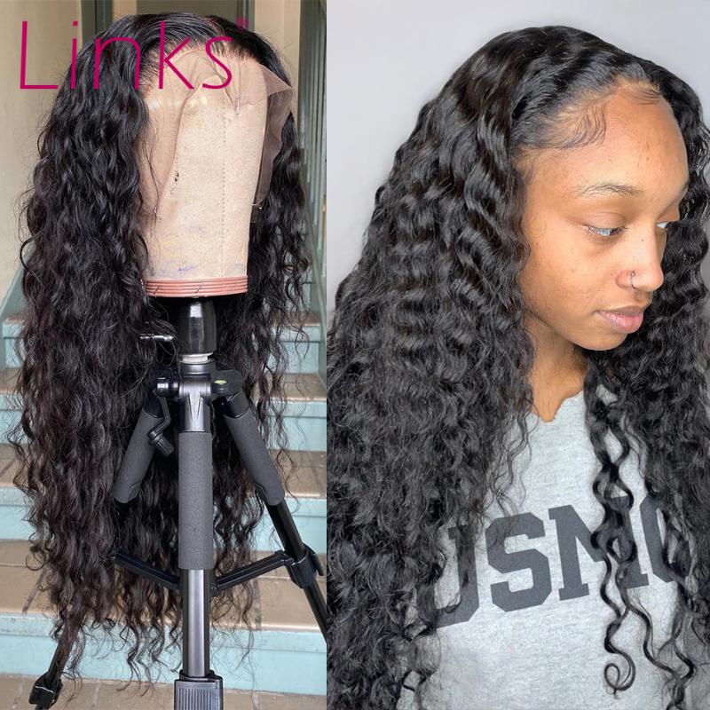 

Links 28 30 40 inch Deep Wave Human Hair Lace front Wigs for Black women Pre Plucked Brazilian Gluess Water Curly Frontal Wig, Natural color