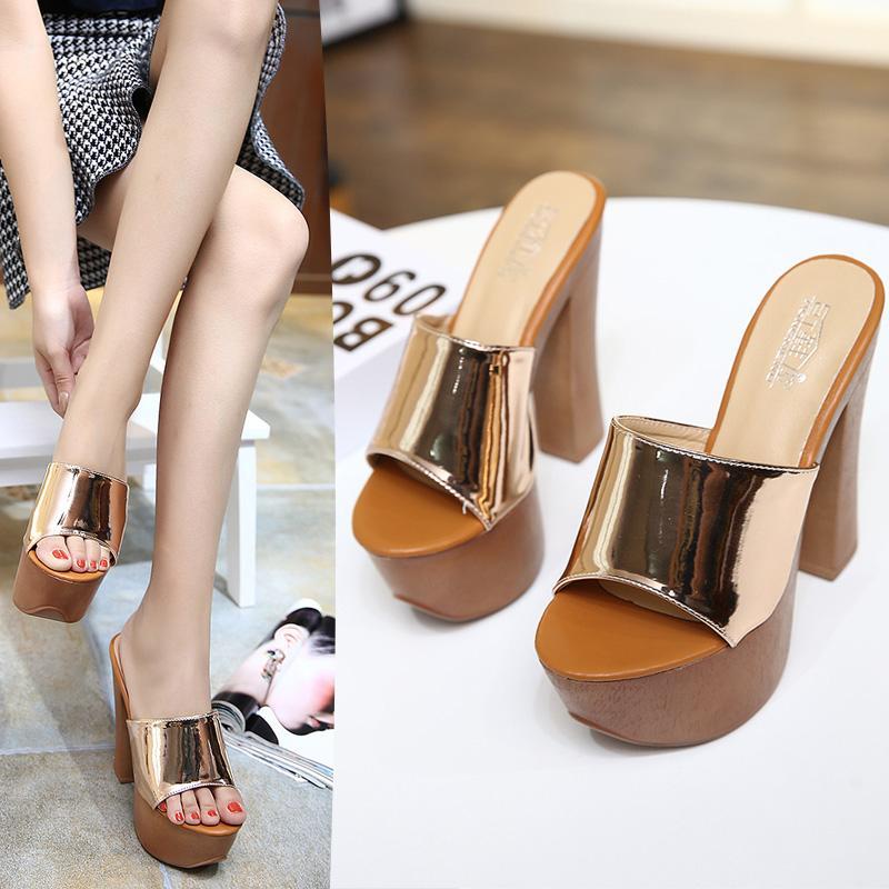 

2020 summer new European and American fashion super high heel slippers thick bottom sandals and slippers fish mouth shoes women1, Gold