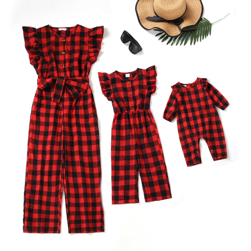 2022 Spring Summer Red Plaid Mommy And Me Jumpsuits Outfits Family Look Matching Outfits Clothes Mom Daughter Baby Girl Romper Playsuit-image-754055381