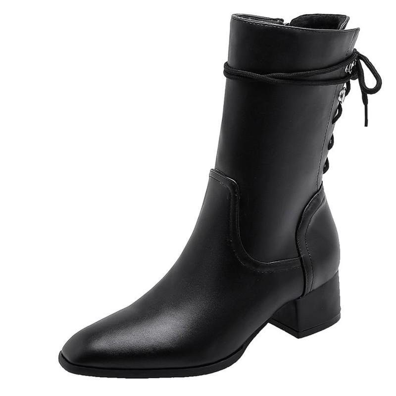 

women Mid-calf boot soft Leather 22-26.5 cm feet length Square Toe Cowhide stitching patent leather Classic boots MAZIAO, Black