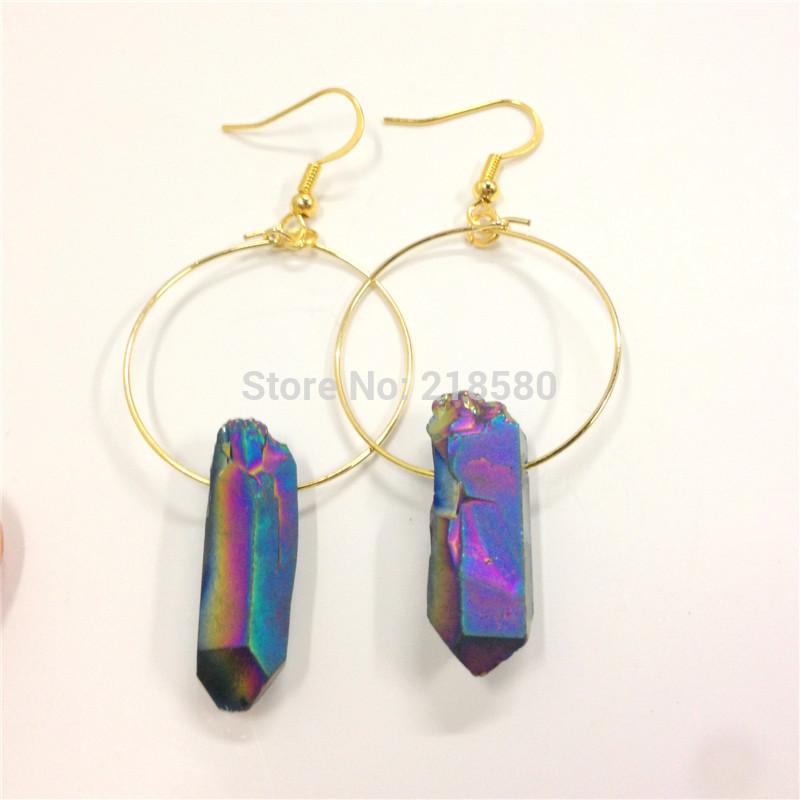 

SER-026 Boho Style Jewelry Rainbow Titanium Quartz Point Hoop Earrings Silver or gold