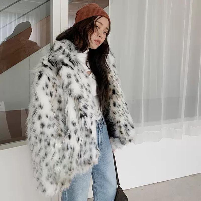 

Women's Fur & Faux Fashion Casual Lady Coat Medium Long Suit Collar Leopard Print Korean Version Of Jacket, Black
