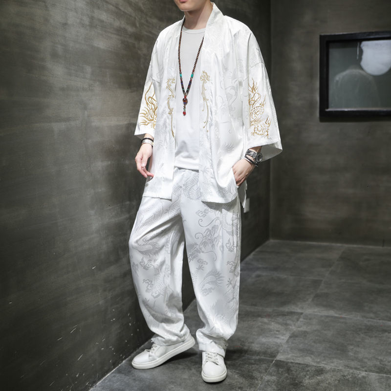 

2021 New Chinese Style Men's Sets Casual Oversize Graphic Printed Suits Man Fashion Streetwear Male Clothing Ff8v, White
