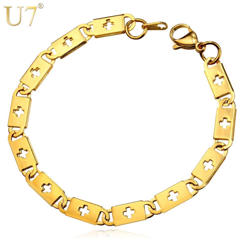 

U7 Chain Bracelet Men Jewelry Wholesale Stainless Steel Trendy Gold Color Cross Hollow Link Chain Bracelets H832