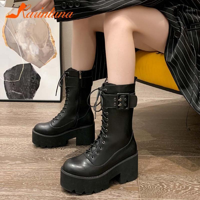 

Karin 2021 New Fashion Design Shoes Lady Women Gothic Stylish Zipper Round Toe Thick High Heels Shoelace Ankel Women Boots1, Black