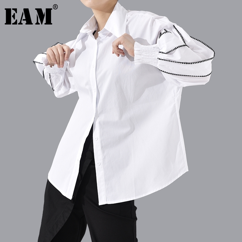 

[EAM] Women Split Joint Big Size Blouse New Lapel Long Lantern Sleeve Loose Fit Shirt Fashion Tide Spring Autumn 1T802 201201, White
