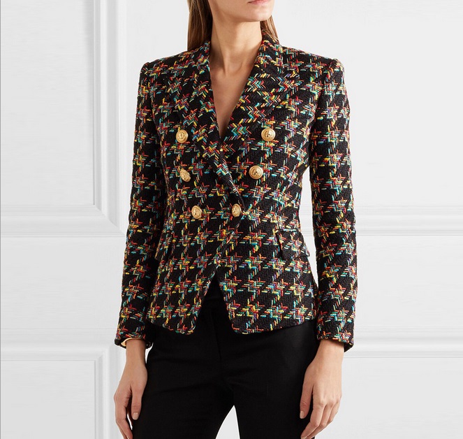 

Top Quality Original suit Women' Double-Breasted Metal Buckle Blazer Houndstooth Tweed Slim Jacket Outwear Double breasted blazer, As picture