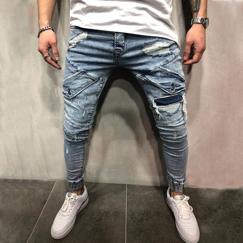 

Fashion Men Jeans Mens Slim Casual Pants Elastic Trousers Light Blue Fit Loose Cotton Denim eans For Male