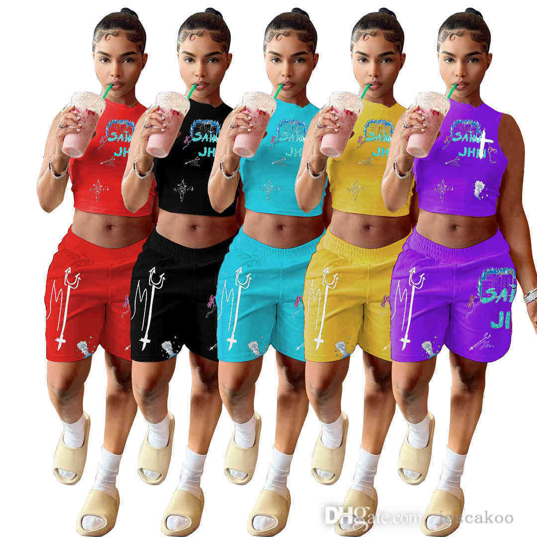 

5 Colors Women Tracksuits Casual Two Pieces Outfits 2022 Summer Womens Designer Fashion Simple Style Printing Sleeveless Vest Shorts Jogger Suit, Purple