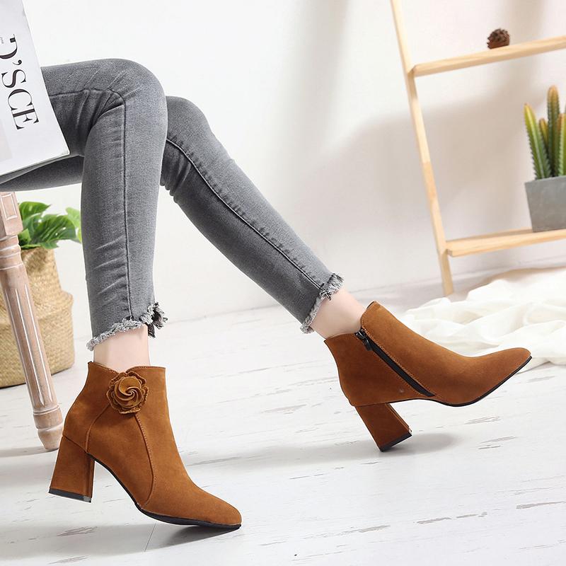 

Floral Ankle Boots for Women Shoes Autumn Winter Boots Pointed Toe Square High Heels Zip Shoes Woman New Luxury Designers, Brown