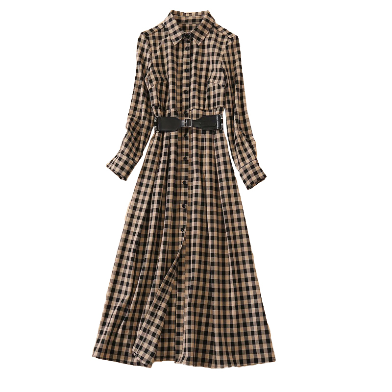 

2021 New Autumn Style Retro-plaid Impression Long Sleeve Belt Fine Adjustment Casual Temperament Mid-length Dress of High Quality Women V6u4, Yellow